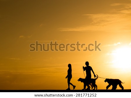 Silhouette people with the dog walking at sunset