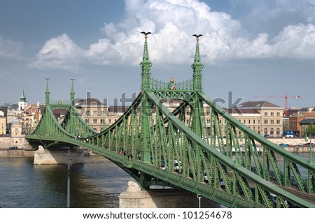 the Liberty Bridge (sometimes Freedom Bridge) in style Art Nouveau connects Buda and Pest across the River Danube in Budapest
