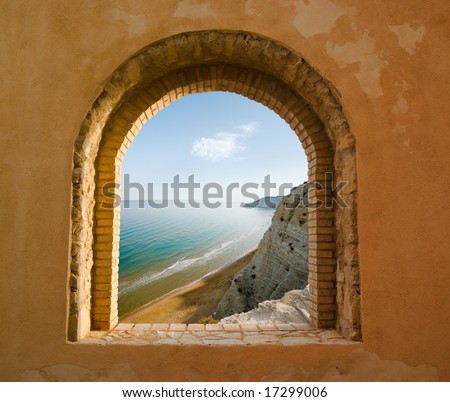 arched window on the coastal landscape of a bay