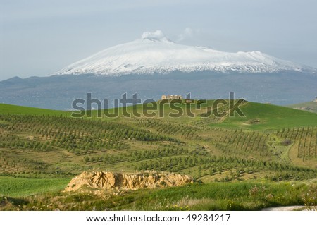 a abandoned farmhouse on the green hills  and wrapped in a light mist the massive volcano Etna covered by snow
