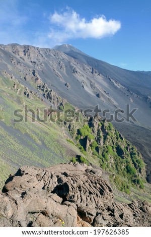 steep slope of Bove Valley and summit of Etna south east crater, Sicily