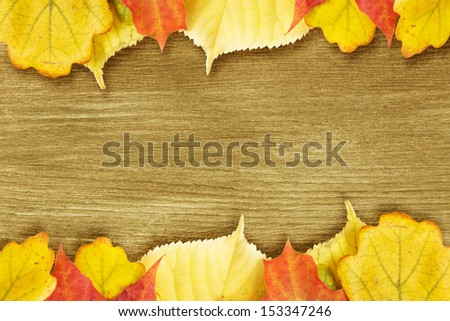 Different autumn leaves opn gold wood plank, autumn theme
