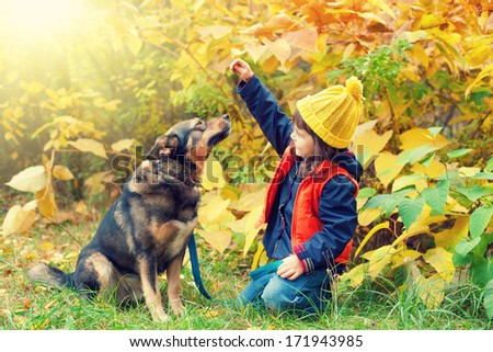Happy little girl playing with big dog in the forest in autumn