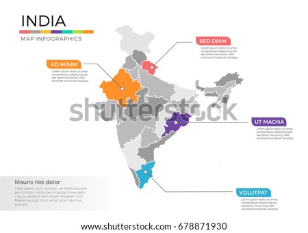 India map infographics vector template with regions and pointer marks