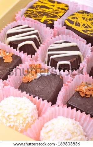 Assortment of chocolate sweets in the box