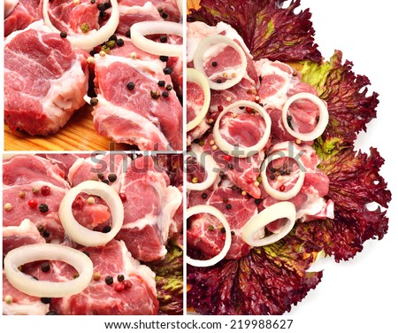 Raw meet pieces with sliced onion and black pepper isolated on white, collage