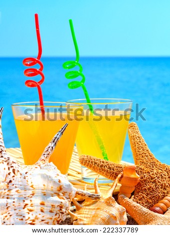 Staefish, shells and two glasses of orange cocktail against the blue sea