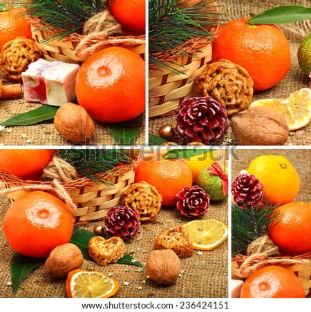 Christmas tangerines with sweet delights, walnuts, pinecone and brittle candies on christmas sacking background. Collage.