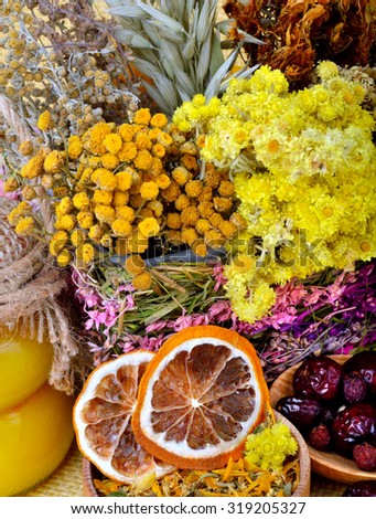 Medicinal herbs with honey, calendula, oats, immortelle flower, tansy herb, wild rose, dried lemon.