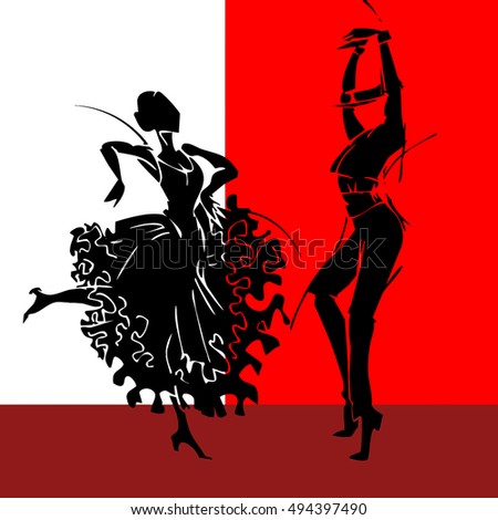 Flamenco couple dancer, hand draw silhouette  