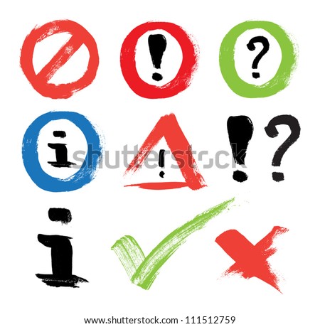 Set of vector hand-painted icons - error, forbidden, exclamation, question mark, information sign, ok, cancel