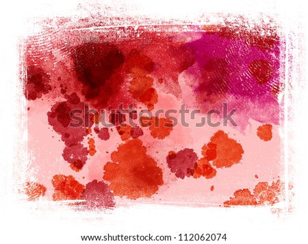 Red messy hand painted watercolor background with grungy border