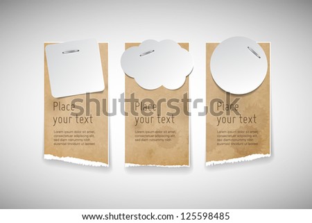 Vector old used brown cardboard torn paper banners with white paper notes attached with staples Foto stock © 