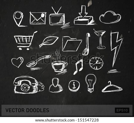 Vector doodle icons and objects collection, chalk on blackboard