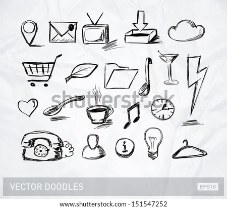 Vector doodle icons and objects collection on crumpled paper