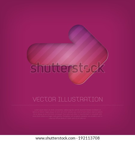 Modern vector purple arrow icon with bright colorful striped background. Cut out style with inner shadow.