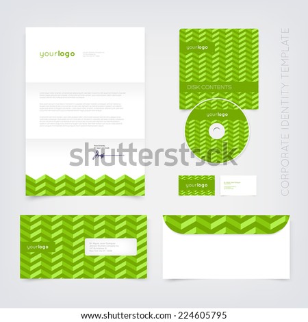Vector business stationary design template with green retro chevron pattern. Letter, envelope, cd and business cards. Modern branding collection.