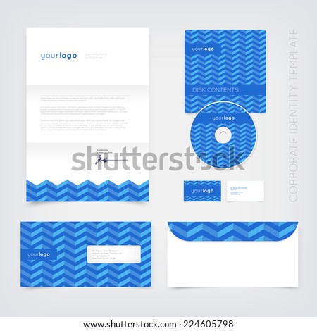 Vector business stationary design template with blue retro chevron pattern. Letter, envelope, cd and business cards. Modern branding collection.