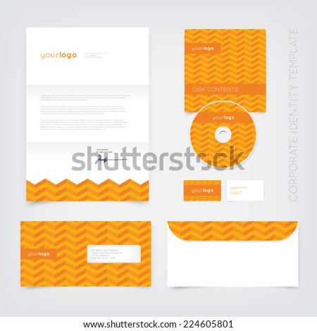Vector business stationary design template with orange retro chevron pattern. Letter, envelope, cd and business cards. Modern branding collection.