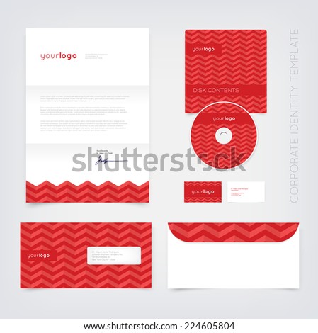 Vector business stationary design template with red retro chevron pattern. Letter, envelope, cd and business cards. Modern branding collection.