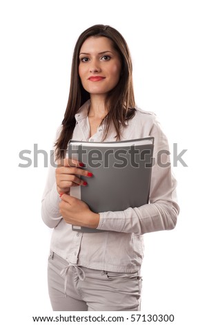 Young business woman with document folder, isolated on white background