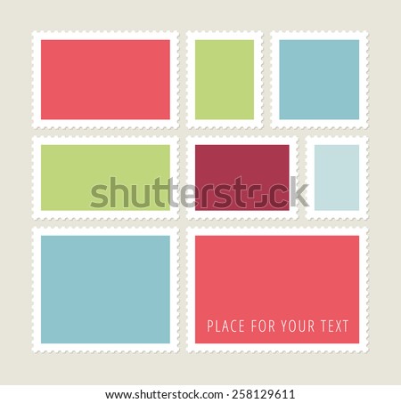 Eight blank colorful  postage stamps, vector templates with place for your images and text Foto d'archivio © 