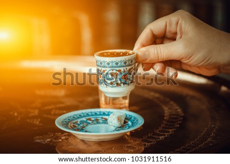 Similar – Image, Stock Photo Traditional Turkish mocha in Ottoman folklore cup on grey stone steps in Maksudiye near Adapazari in Sakarya province, Turkey