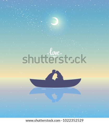 Romantic silhouette of loving couple at sunset in a boat. Valentines Day. Happy Lovers. Vector illustration. Beautiful view at sunset