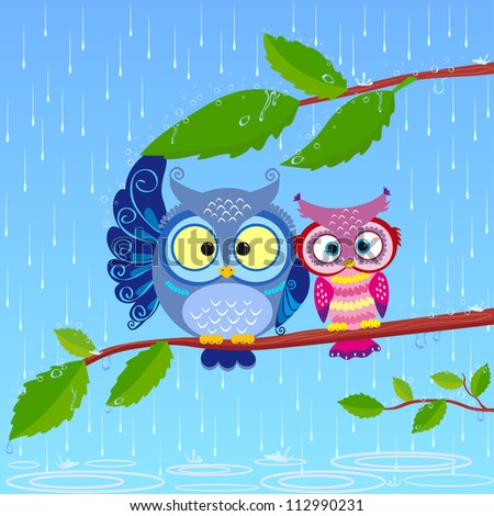 Illustration Of Funny Owls Sitting On A Branch In The Rain - 112990231 ...