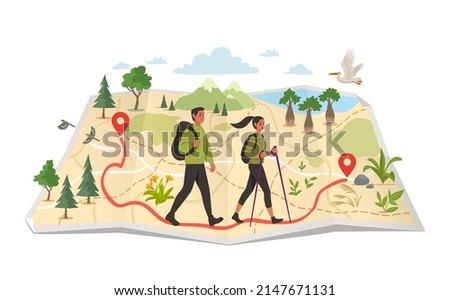 Map of the area with a laid route along which traveling tourists. Vector illustration