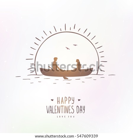 Romantic silhouette of loving couple at sunset in a boat. Valentines Day. Happy Lovers. Vector illustration