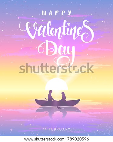 Romantic silhouette of loving couple at sunset in a boat. Valentines Day. Happy Lovers. Vector illustration. Beautiful view at sunset