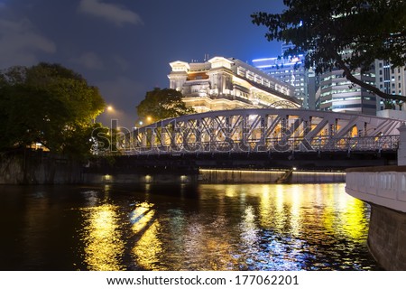 View to Anderson Bridge, Singapore River. Center of Singapore, evening in city.