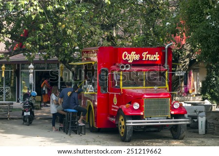 Red Coffee Truck in Phitsanulok of Thailand EDITORIAL Phitsanulok, Thailand - February 2, 2015: Coffee Truck in City