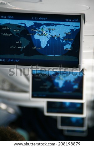HURGHADA, EGYPT - JULY 27, 2011: New airplane  screens with map