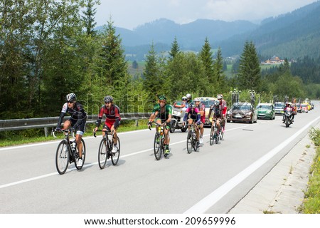 HUTY, SLOVAKIA - AUGUST 07, 2014: Professional cyclists on tour