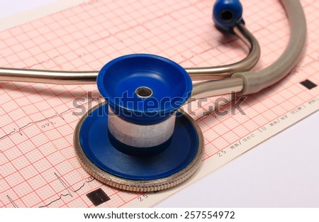 Medical stethoscope and electrocardiogram graph ekg heart rhythm, medicine concept