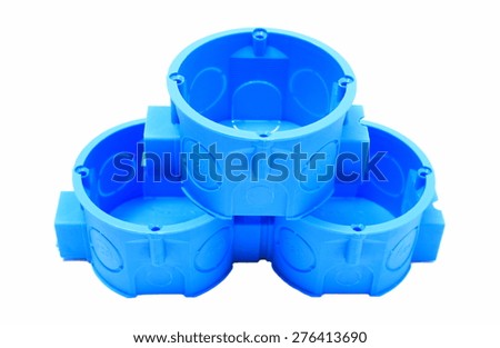 Stack of blue plastic electrical boxes on white background, junction boxes, accessories for engineering jobs