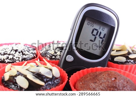 Glucose meter and homemade delicious fresh baked chocolate muffins in red silicone cups, concept for diabetes and dessert. White background