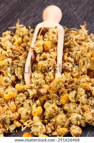 Heap of dried chamomile with wooden spoon lying on wooden surface, concept of healthy nutrition, herbalism and alternative medicine