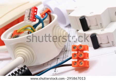 Components for use in installations and electrical diagrams, copper wire connections in electrical box, accessories for engineering work, energy concept