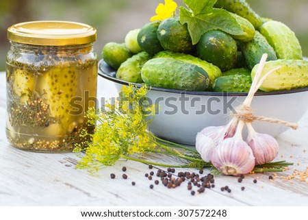 Ripe cucumbers in metal bowl, spices for pickling and jar pickled cucumbers on old wooden white table in garden on sunny day, food and nutrition