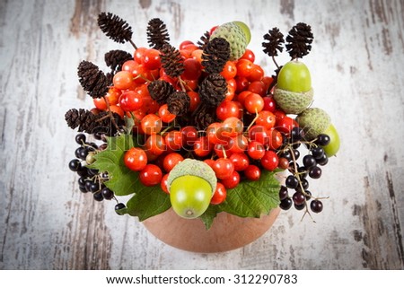 Bunch of red autumn viburnum with alder cone and acorns on old rustic wooden background