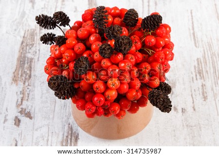 Bunch of red autumn rowan with alder cone in glass dish on old rustic wooden background