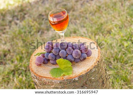 Bunch of fresh grapes with leaf and glass of wine on wooden stump in garden, healthy nutrition, ingredient for preparation of wine