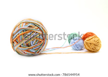 Colorful big thread ball from four color thread. Cotton thread balls isolated on white background. Different color (orange, yellow, green, blue) thread mix. Stock foto © 