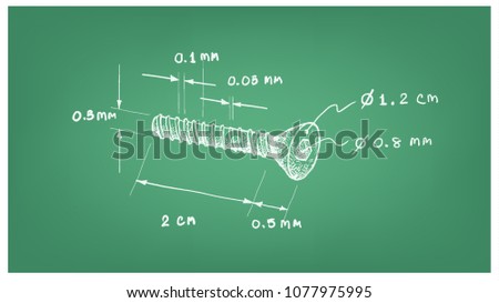 Manufacturing and Industry, Illustration Hand Drawn Sketch Dimension of Countersunk Socket Cap Screw. Used Fasteners to Keep The Machine Parts Together.
