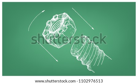 Manufacturing and Industry, Illustration Hand Drawn Sketch of Slotted Nut or Castellated Nut. A Fastener with Threaded Hole Used in Conjunction with Mating Bolt to Fasten Parts Together.