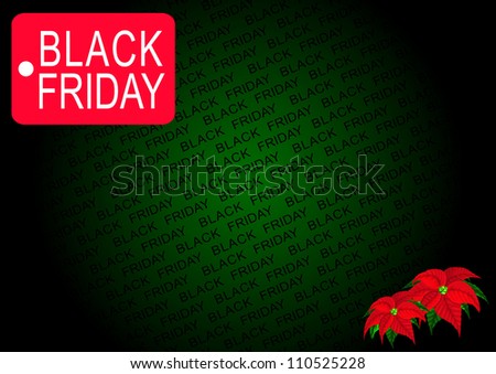 The Red Black Friday Banner and Poinsettia Flowers on Green Background, Sign for Start Christmas Shopping Season.
