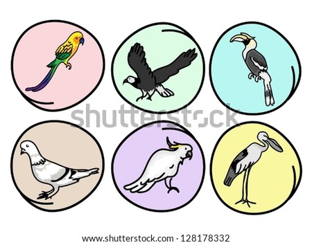 An Illustration Collection of Beautiful Wild Birds, Great Horn bill, Eagle, Pigeons, Parrot, Macaw and Egret on Round Background